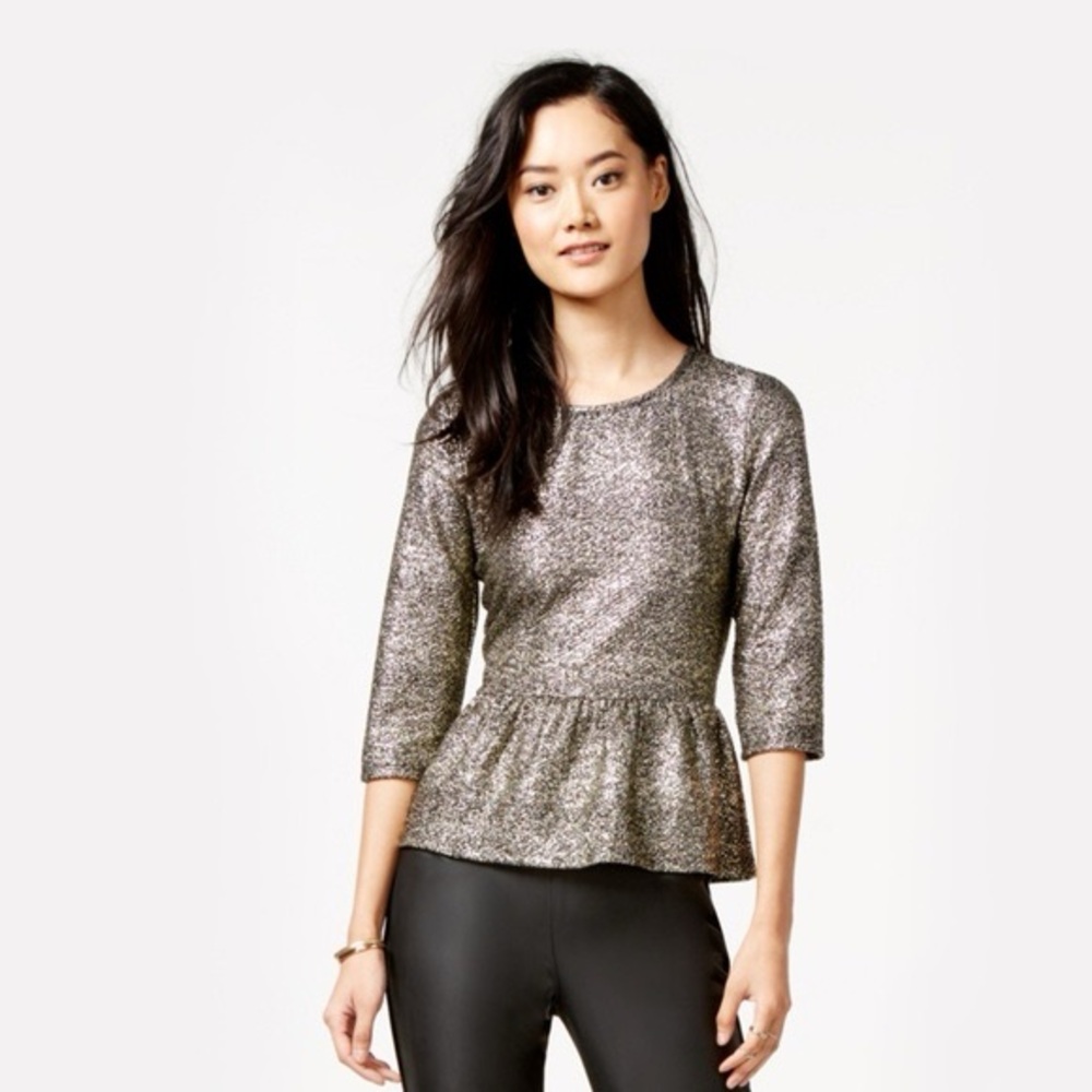 Bar lll Black Gold foil Hoilday Sparkly peplum Top Blouse XS